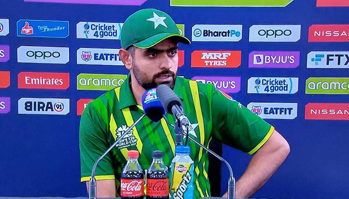 Pakistan skipper Babar Azam speaks during a post-match press conference in Sydney, on November 9, 2022. — Photo by author