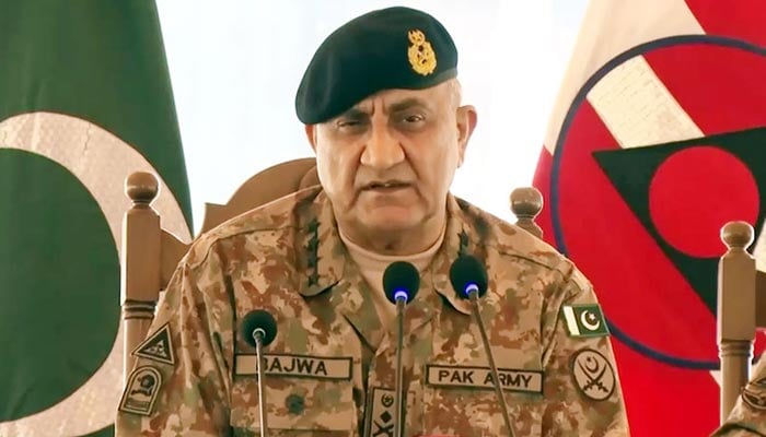 Chief of Army Staff (COAS) General Qamar Javed Bajwa addresses troops at the Peshwar Corps Headquarters, on November 9, 2022. — RadioPakistan