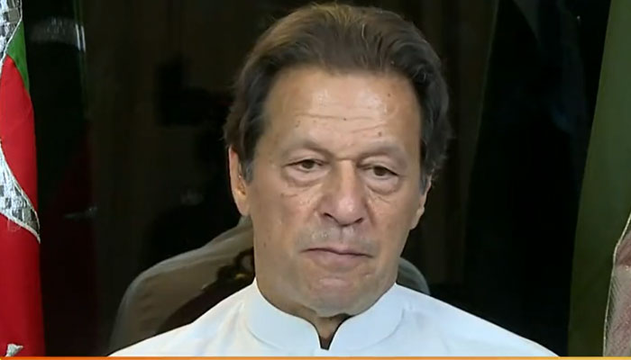 Ex-PM Imran Khan talking to Piers Mortan in his TalkTV show. Screengrab of a Twitter video.