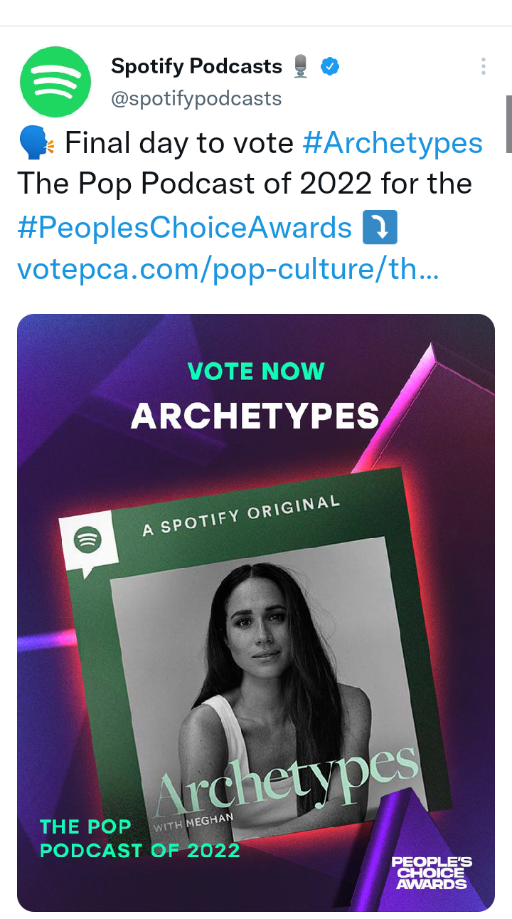 Meghan Markles Archetypes podcast will get nominated for Peoples Choice Award ?