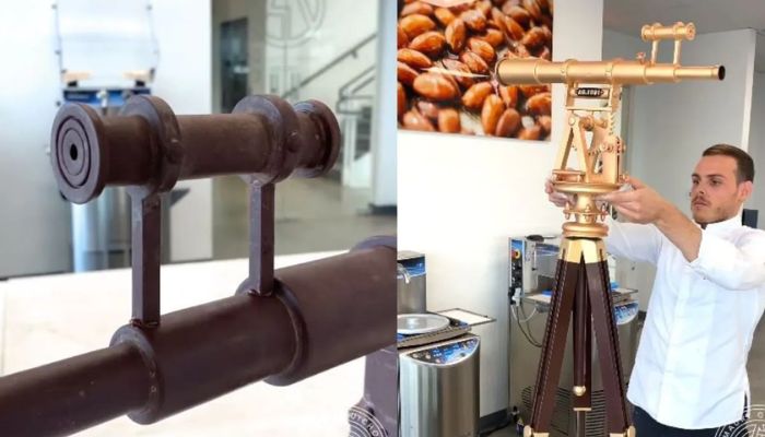 Combo shows screengrabs from video of Swiss-French pastry chef, Amaury Guichon making a chocolate telescope.— Instagram