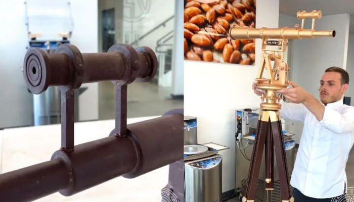 Combo shows screengrabs from video of Swiss-French pastry chef, Amaury Guichon making a chocolate telescope.— Instagram