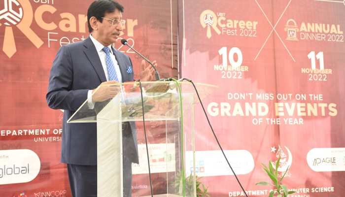 Federal Minister for Information and Technology and Communication Syed Aminul Haque speaking during an event at the UBIT Career Fest 2022 organised by the Department of Computer Science, University of Karachi. — Karachi University