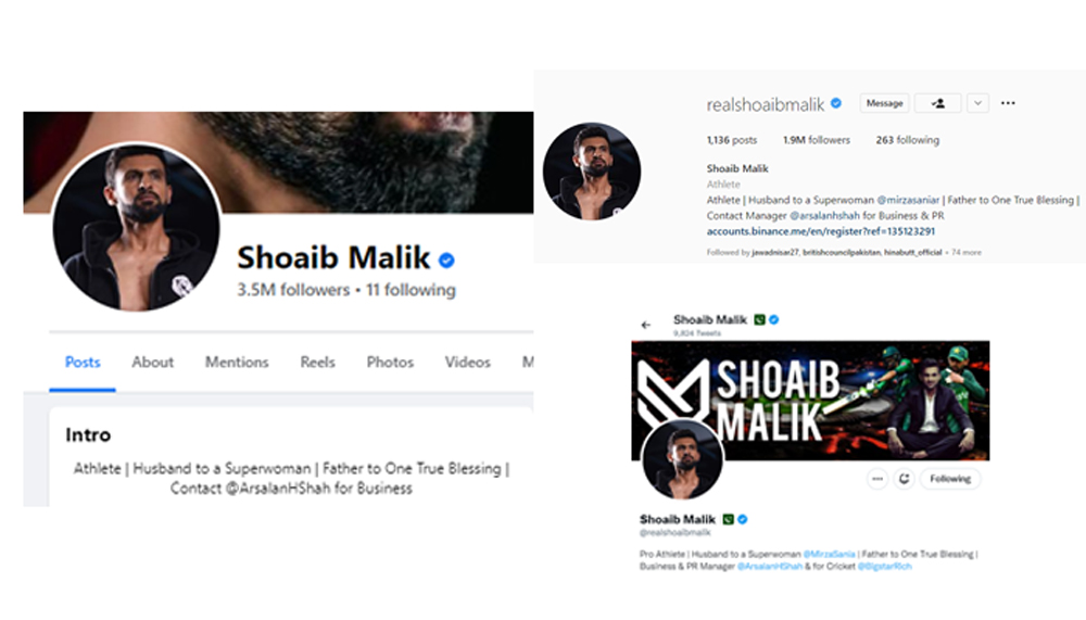 With divorce rumours rife, what do Shoaib Malik's social media bios say about Sania Mirza? 8 (Clockwise) The social media bios of Shoaib Malik on Facebook, Instagram, and Twitter.