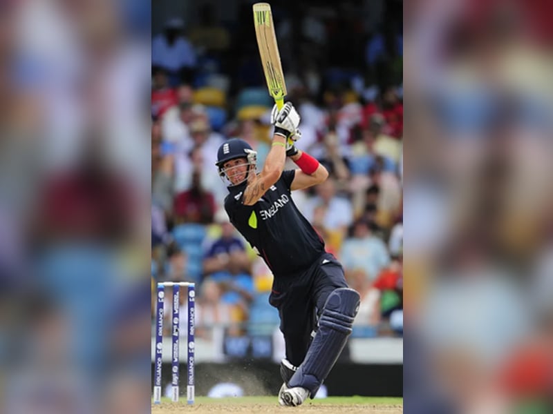 Kevin Pietersen plays a shot during their T20 World Cup match against Pakistan, on May 5, 2010. — AFP