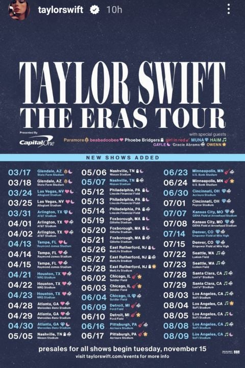 Taylor Swift shares dates and venues of The Eras Tour