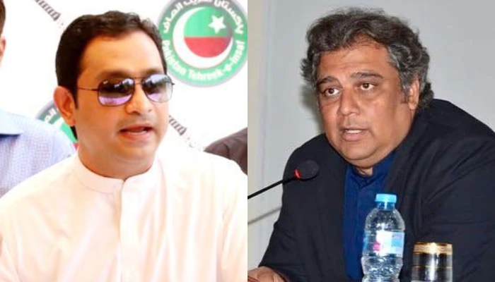 پی ٹی آئی سندھ کے صدر علی زیدی (دائیں) اور پی ٹی آئی سندھ کے ایم پی اے خرم شیر زمان۔  - پی پی آئی/ٹویٹر/فائل