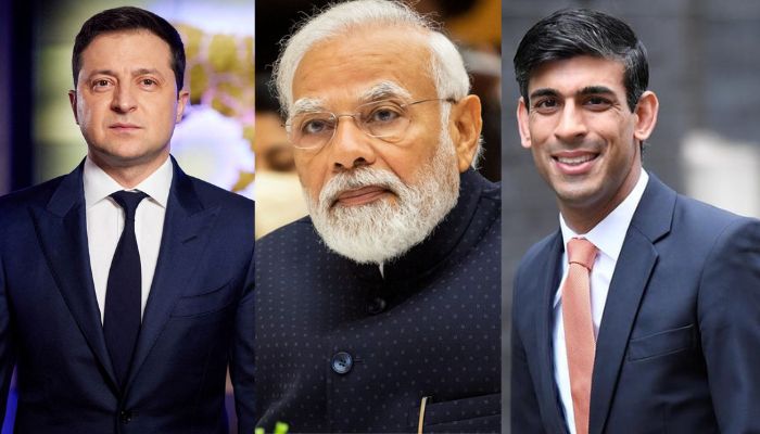 (l to r) Volodymyr Zelensky, Narendra Modi, Rishi Sunak.— Reuters