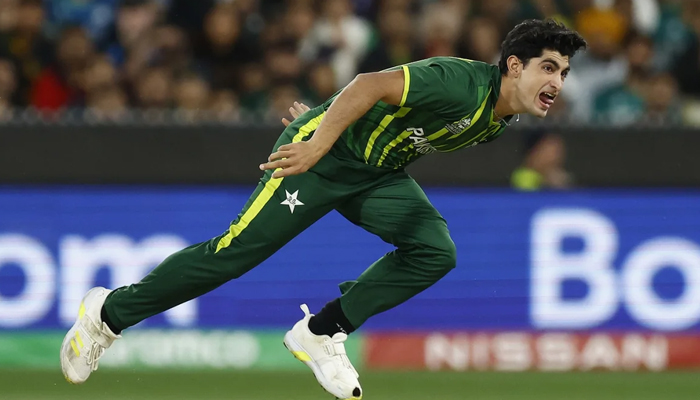 Pakistan pacer Naseem Shah bowling against England in at the Melbourne Cricket Ground on November 13, 2022. — ICC