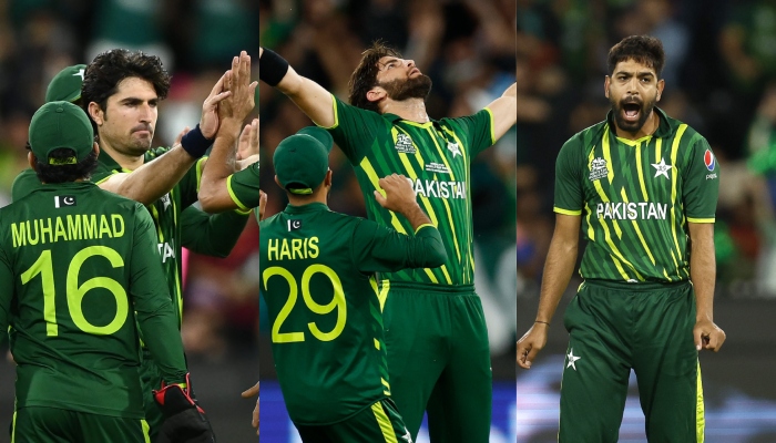 Pakistans bowlers Mohammad Wasim (L), Shaheen Afridi, and Haris Rauf. — Twitter/PCB/T20 World Cup