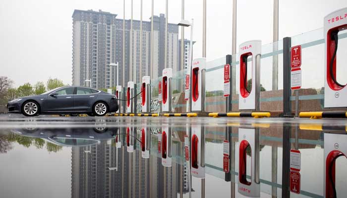A Tesla car pictured at a charging point in Beijing, China, April 13, 2018. — Reuters/File