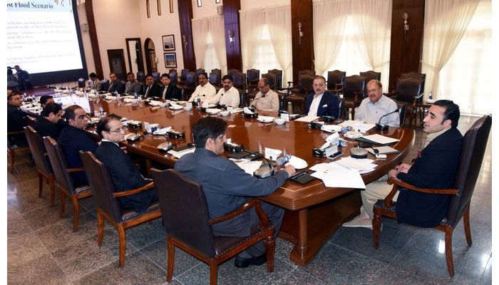 Chairman PPP and Foreign Minister Bilawal Bhutto Zardari presided over a meeting at Sindh Chief Minister House to review the flood situation and relief measures taken by the provincial government.— CM House