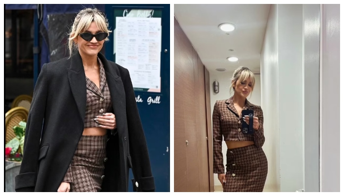 Ashley Roberts cuts professional figure in stylish tartan midi skirt