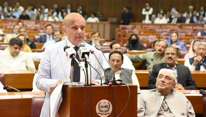 Prime Minister Shehbaz Sharif speaks after winning a parliamentary vote to elect a new prime minister, at the national assembly, in Islamabad, Pakistan April 11, 2022. — Reuters