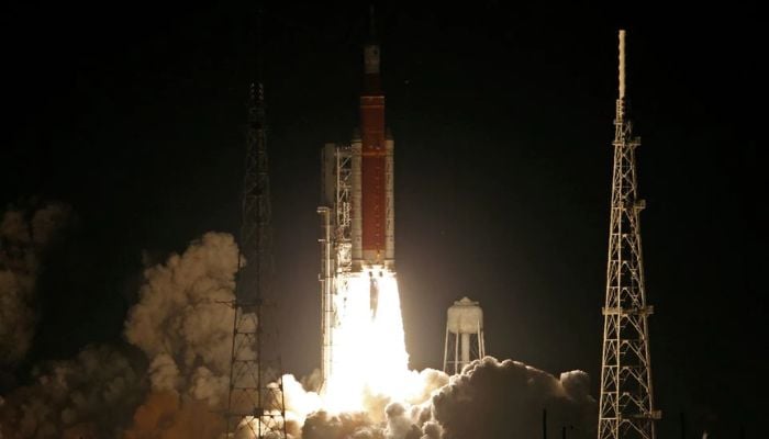 NASAs next-generation moon rocket, the Space Launch System (SLS) rocket with the Orion crew capsule, lifts off from launch complex 39-B on the unmanned Artemis1 mission to the moon at Cape Canaveral, Florida, U.S. November 16, 2022.— Reuters