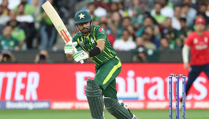 Pakistans Babar Azam plays a shot during the ICC mens T20 World Cup 2022 cricket final match between England and Pakistan at the Melbourne Cricket Ground (MCG) on November 13, 2022 in Melbourne. — AFP