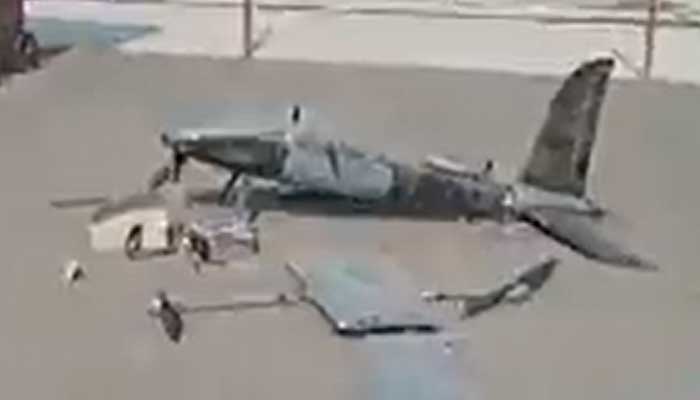 A screengrab image of the drone plane which crashed inside the Ali Town terminal in Lahore. — Screengrab/Geo News Urdu