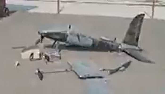 A screengrab image of the drone plane which crashed inside theAli Town terminal in Lahore. — Screengrab/Geo News Urdu