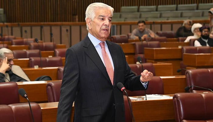 Defence Minister Khawaja Muhammad Asif addresses a session of the National Assembly, on November 17, 2022. — Twitter/NAofPakistan