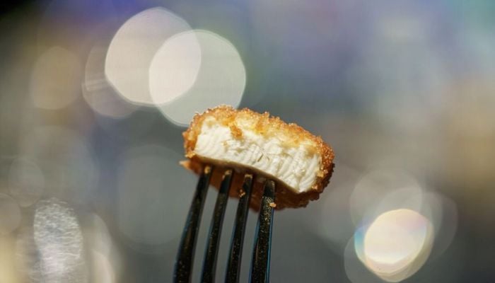 A nugget made from lab-grown chicken meat is seen during a media presentation in December 2020 in Singapore, the first country to allow the sale of such products.— AFP