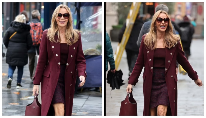 Amanda Holden stands out in short burgundy ensemble as she departs Heart FM