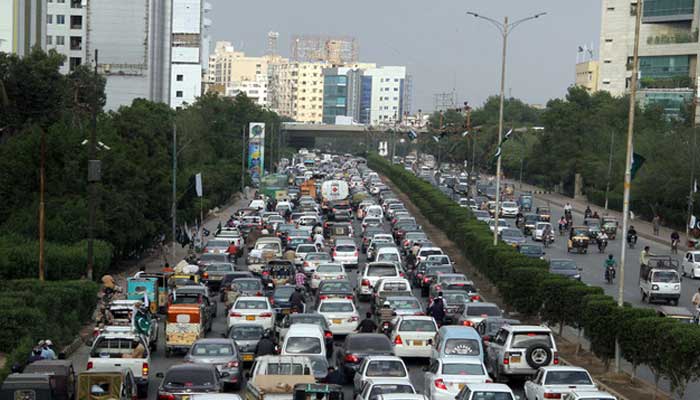 A file photograph of a traffic jam on Karachis Shahrah-e-Faisal on Aug. 12, 2016. — AFP