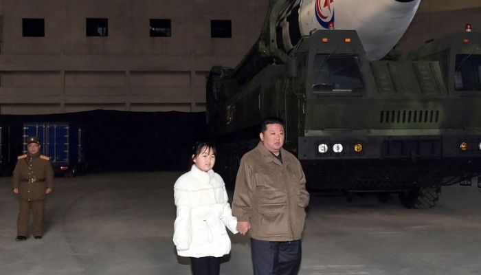 North Korean leader Kim Jong Un, along with his daughter, inspects an intercontinental ballistic missile (ICBM) in this undated photo released on November 19, 2022 by North Koreas Korean Central News Agency (KCNA).— Reuters