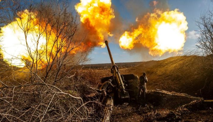 Ukrainian servicemen fire a 130 mm towed field gun M-46 on a front line, as Russias attack on Ukraine continues, near Soledar, Donetsk region, Ukraine, in this handout image released November 10, 2022.— Reuters