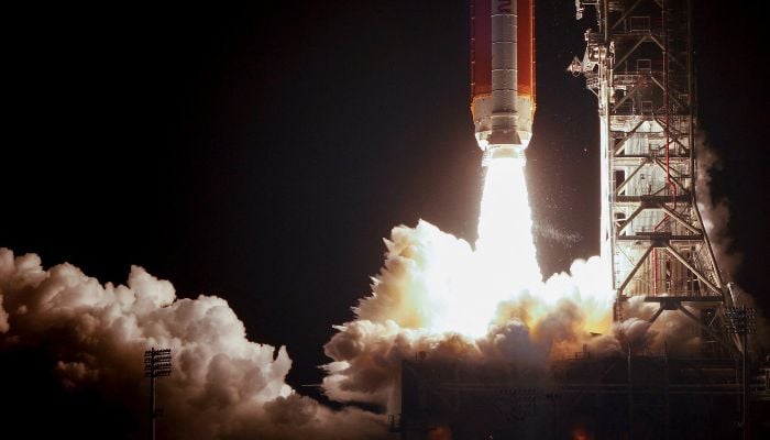 NASAs next-generation moon rocket, the Space Launch System (SLS) rocket with the Orion crew capsule, lifts off from launch complex 39-B for the uncrewed Artemis I mission to the moon, at Cape Canaveral, Florida, US November 16, 2022.— Reuters