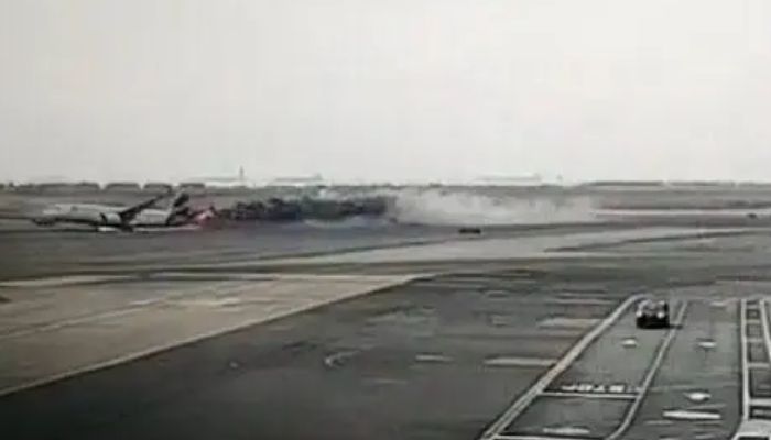 A LATAM Airlines jet collided with a firetruck on the runway as it was taking off.— Screengrab via Twitter