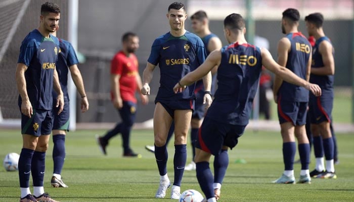 Portugals Cristiano Ronaldo during training at Al Shahaniya SC Training Facilities, Al-Shahaniya, Qatar on November 20, 2022. — Reuters