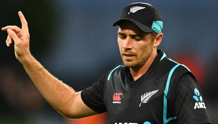 New Zealand pacer Tim Southee gestures during the Black Caps second T20I fixture in the three-match T20I series against India inMount Maunganui, on November 20, 2022. — Twitter/ICC