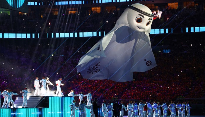 General view of the official mascot Laeeb during the opening ceremony. — Reuters