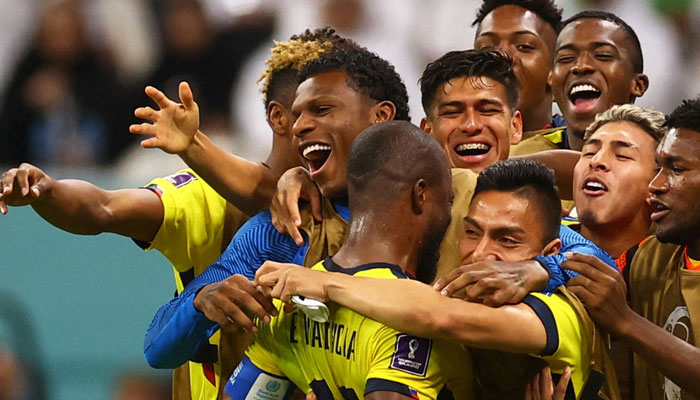 Ecuadors Enner Valencia celebrates scoring their second goal with teammates. — Reuters