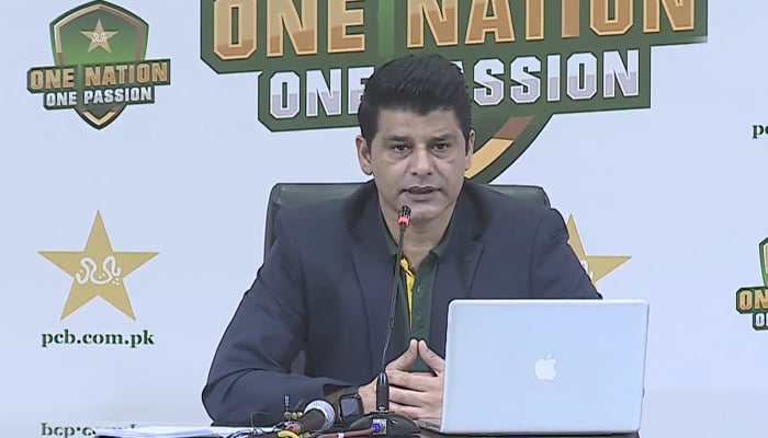 Pakistan Cricket Board (PCB) Chief Selector Muhammad Wasim addresses a press conference in Lahore, on November 21, 2022. — YouTube/PCB