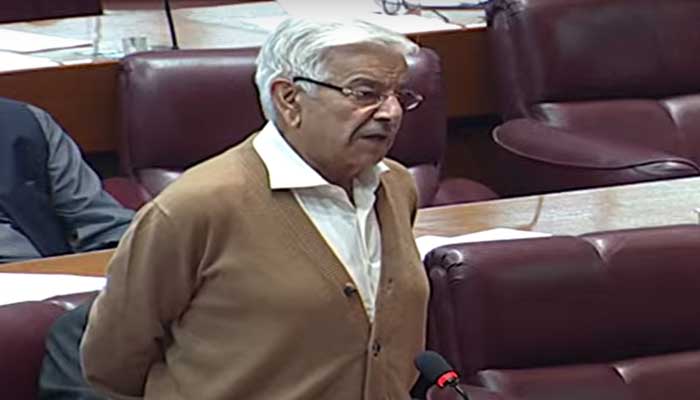 Defence Minister Khawaja Asif addresses a session at the National Assembly. — Screengrab/YouTube/PTV News