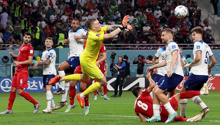 Englands Jordan Pickford in action during Group B match between England and Iran. — Reuters