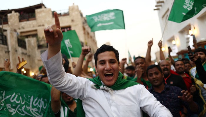 Saudi Arabia fans celebrate in Souq Waqif after the match between Saudia Arabia and Argentina. — Reuters