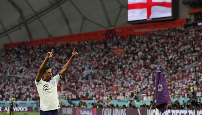 FIFA World Cup Qatar 2022 - Group B - England v Iran - Khalifa International Stadium, Doha, Qatar - November 21, 2022 Englands Jude Bellingham celebrates scoring their first goal.— Reuters