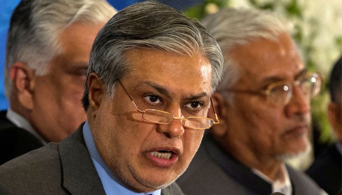 Finance Minister Ishaq Dar addressing a press conference in this undated photo. — Reuters/File