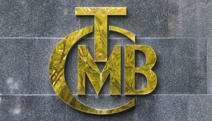 A logo of Turkeys Central Bank is pictured at the entrance of its headquarters in Ankara, Turkey October 15, 2021.— Reuters