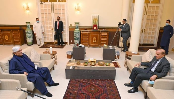 وزیر اعظم شہباز شریف (دائیں) سابق صدر اور پیپلز پارٹی کے شریک چیئرمین آصف علی زرداری سے 22 نومبر 2022 کو اسلام آباد میں وزیر اعظم ہاؤس میں ملاقات کر رہے ہیں۔ - اے پی پی