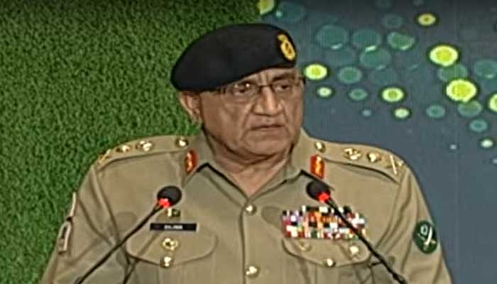 Chief of Army Staff General Qamar Javed Bajwa addresses the Defence and Martyrs day ceremony at the General Headquarters in Rawalpindi. — Screengrab/YouTube/PTV News Live