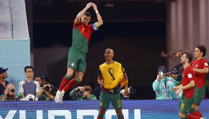 Portugals Cristiano Ronaldo celebrates scoring their first goal with Joao Mario, Bernardo Silva and Joao Felix. — Reuters