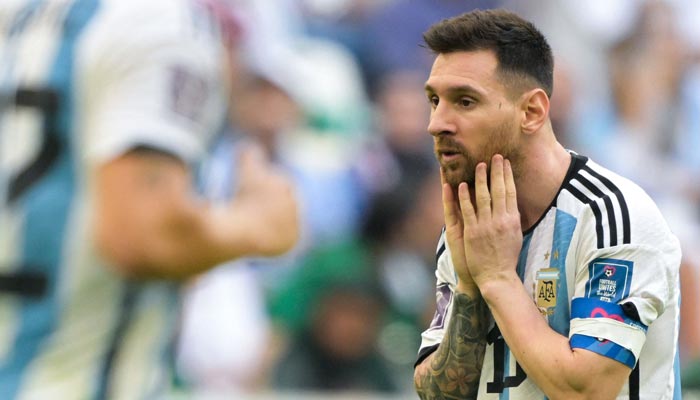 Argentina´s forward Lionel Messi reacts during the Qatar 2022 World Cup Group C football match between Argentina and Saudi Arabia at the Lusail Stadium in Lusail, north of Doha on November 22, 2022. — AFP