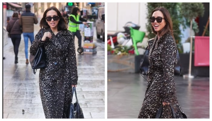 Myleene Klass looks stylish in chic leopard print coat as she arrives at Smooth FM