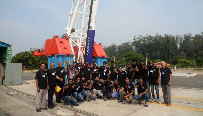 Employees pose in front of Vikram-S rocket, Indias first private rocket developed by Skyroot, an Indian Space-Tech startup, at a spaceport in Sriharikota, India, November 18, 2022.— Skyroot/Handout via Reuters