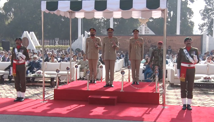 Chairman Joint Chiefs of Staff Committee General Sahir Shamshad Mirza reviewing the guard of honour and march past at the Joint Staff Headquarters in Rawalpindi. — Screengrab/ISPR video