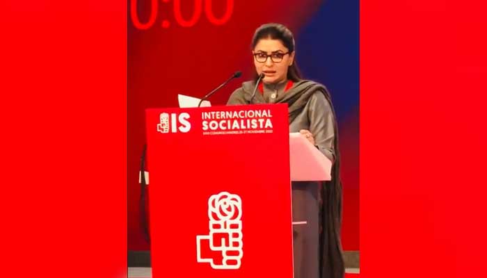 Federal Minister for Poverty Alleviation and Social Safety and Chairperson Benazir Income Support Program Shazia Marri speaks during the 26th Socialist International Congress in Madrid, Spain. — Screengrab via Twitter/@ShaziaAttaMarri