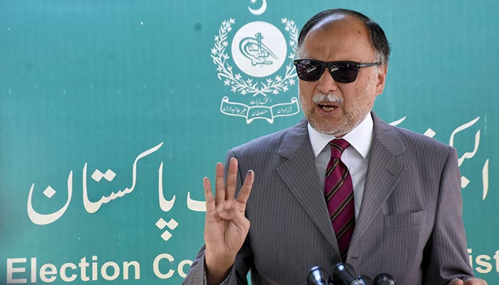 Federal Minister for Planning, Development, and Special Initiatives Ahsan Iqbal addresses a press conference outside the Election Commission Pakistans (ECP) office in Islamabad, on March 5, 2022. — Online